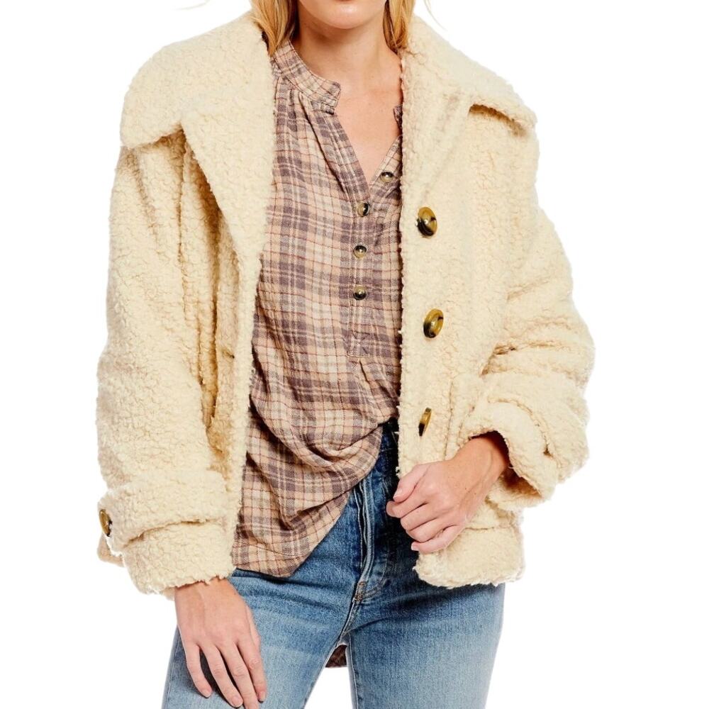 Free People So Soft Cozy Faux Sherpa Teddy-Bear Texture Peacoat Ivory, size S